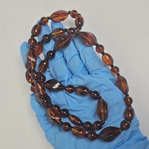 Vintage Long 30.5" Faux Cognac Amber Necklace Chunky Bead Marbled Plastic Brown - Picture 9 of 11